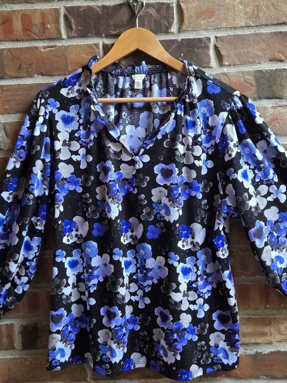 Cato Black Floral V-Neck Blouse with Blue and White Flowers Flowy Light Layering
